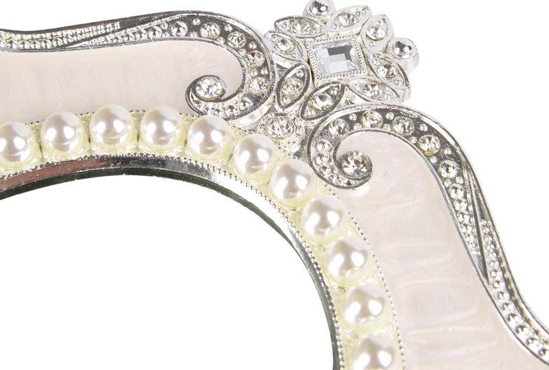 Nerien Decorative Tabletop Oval Mirror Vintage Metal Desktop Mirror with Stand Pearl Floral Frame Makeup Mirror Retro Cosmetic Mirror Countertop Dressing Mirror for Home, Bedroom Decor White-S - Image 5